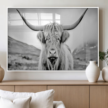 80564-MGV-FP-36X24-3P_White-Highland Cow Wall Art – Black and White Scottish Highland Canvas Print, Rustic Farmhouse Decor for Living Room, Bedroom or Office