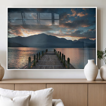 20442-MGV-FP-36X24-3P_White-Lakeside Sunset Dock Wall Art – Peaceful Mountain Lake Canvas Print, Serene Nature Landscape Decor for Living Room, Bedroom or