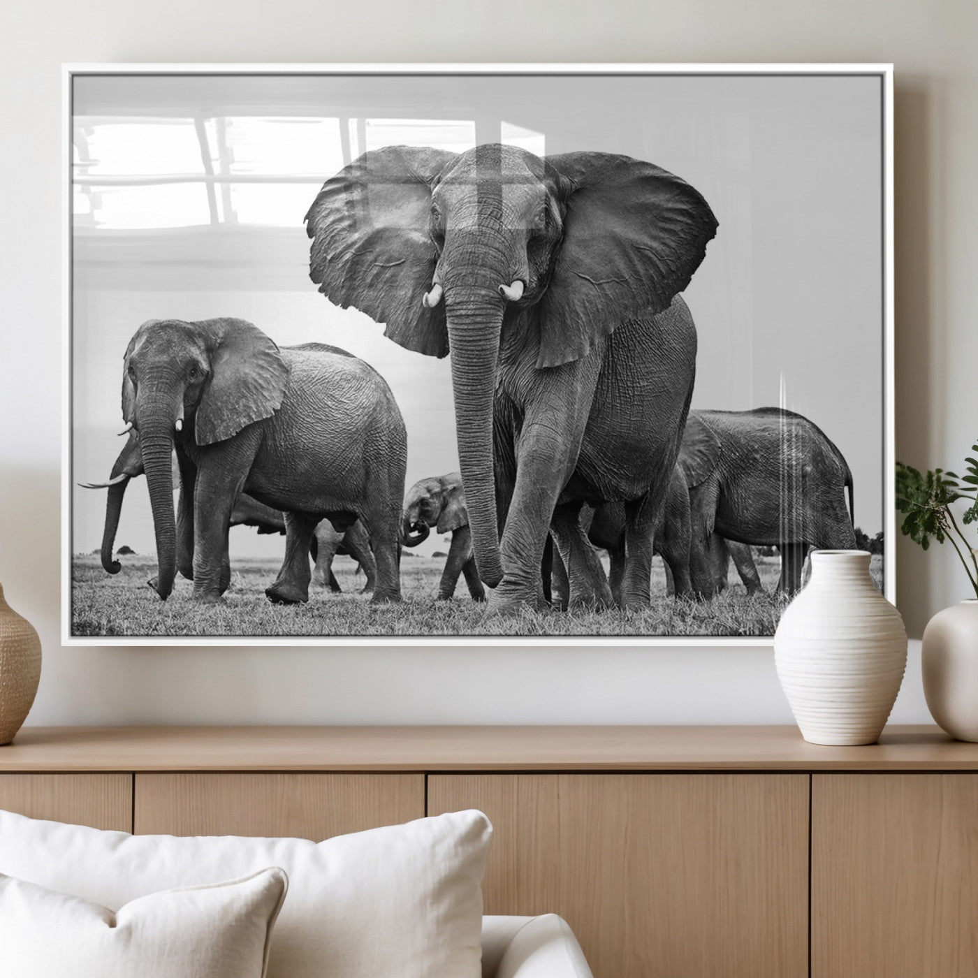 91685-MGV-FP-36X24-3P_White-Elephant Herd Wall Art – Black and White Safari Canvas Print, African Wildlife Photography Decor for Living Room, Office or
