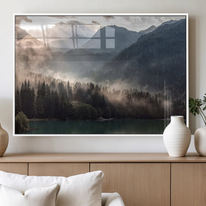 61116-MGV-FP-36X24-3P_White-Misty Mountain Lake Wall Art – Tranquil Foggy Forest and Lake Canvas Print, Scenic Nature Landscape Decor for Living Room or