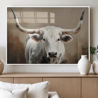 61423-MGV-FP-36X24-3P_White-Longhorn Bull Wall Art – Rustic Western Texas Steer Canvas Print, Cowboy Farmhouse Decor for Living Room, Bedroom, Office or Ranch