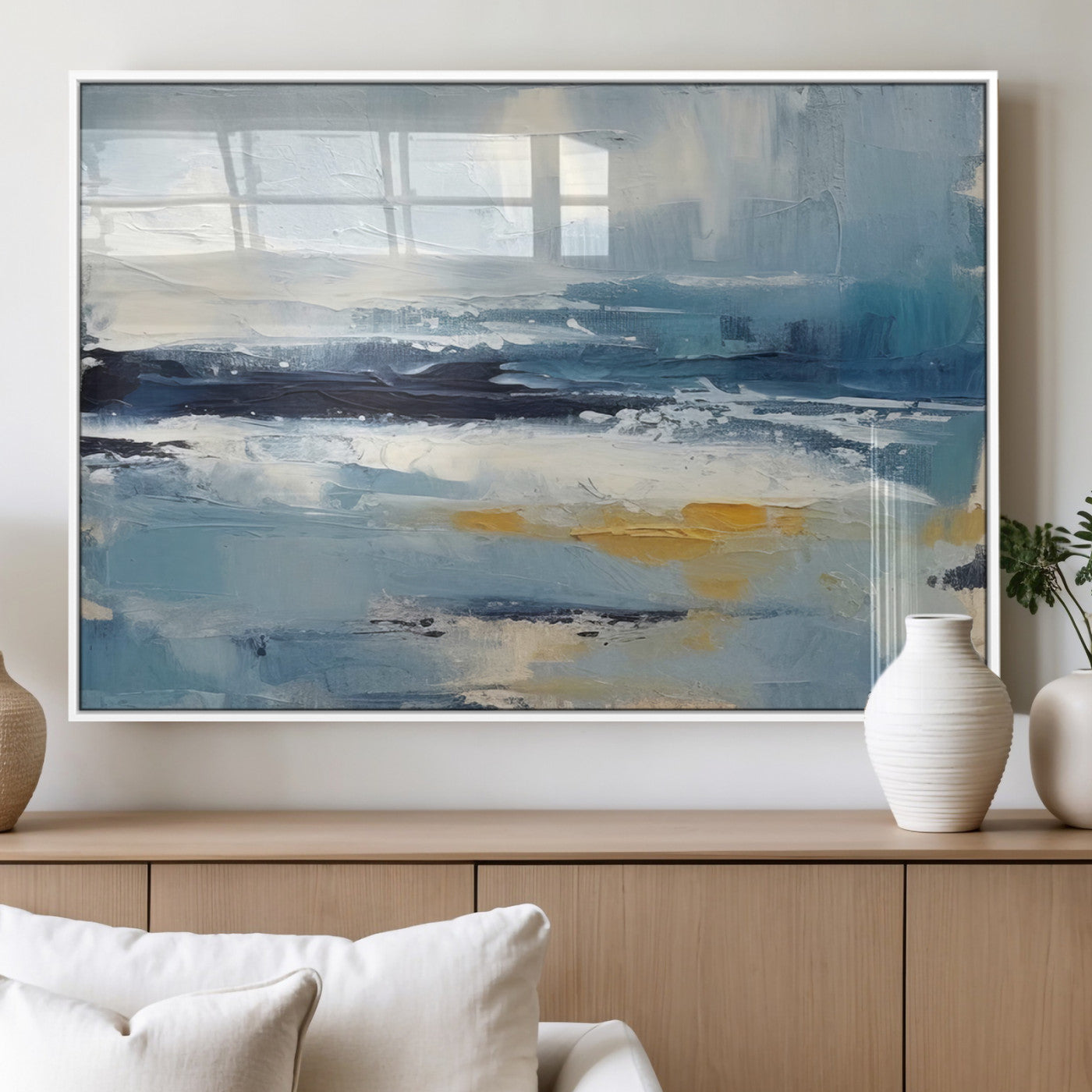 19746-MGV-FP-36X24-3P_White-Abstract Ocean Wall Art – Modern Coastal Canvas Print with Blue, White and Gold Textures, Contemporary Seascape Painting for
