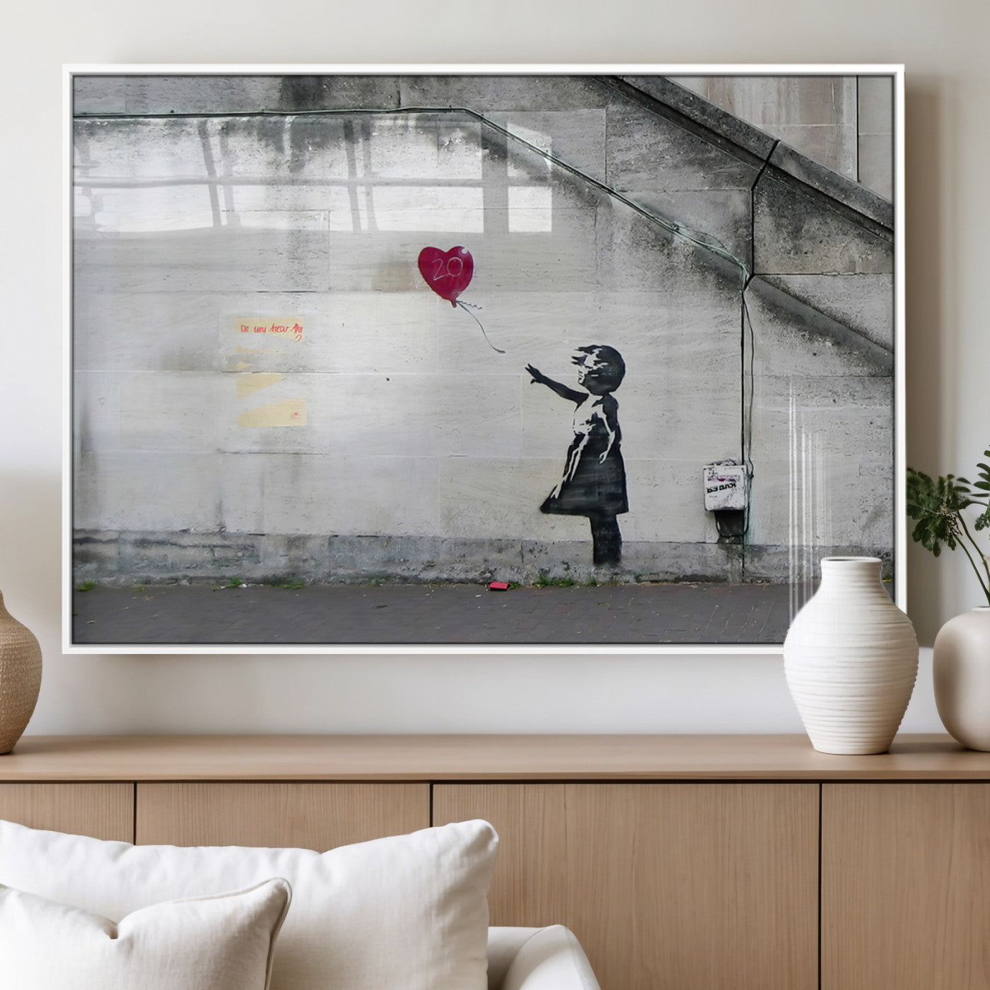 50559-MGV-FP-36X24-3P_White-Banksy Girl with Balloon Wall Art – Famous Street Graffiti Canvas Print, Modern Urban Artwork for Living Room, Bedroom or Office