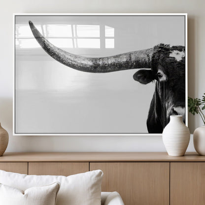 31699-MGV-FP-36X24-3P_White-Longhorn Wall Art – Black and White Texas Longhorn Cow Canvas Print, Rustic Western Farmhouse Artwork for Living Room, Bedroom or