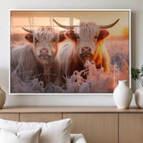 68253-MGV-FP-60X30-3P_White-Highland Cow Wall Art – Rustic Farmhouse Cattle Canvas Print, Frosty Sunset Animal Artwork for Living Room, Bedroom or Country