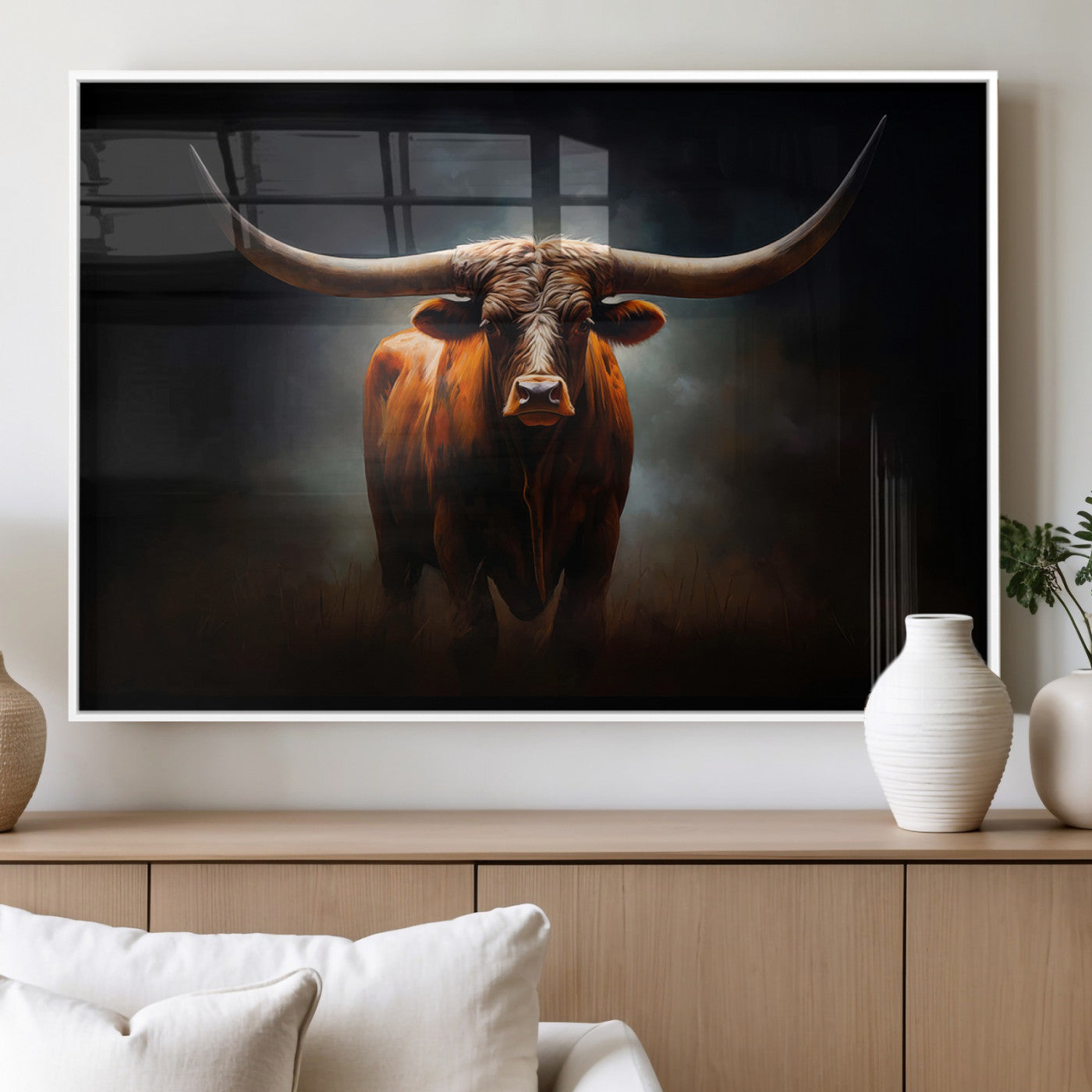 48896-MGV-FP-36X24-3P_White-Texas Longhorn Wall Art – Rustic Western Bull Canvas Print and Farmhouse Cattle Painting for Living Room, Ranch, or Office Decor .