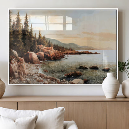 77145-MGV-FP-60X30-3P_White-Coastal Landscape Wall Art – Panoramic Rocky Shoreline and Pine Trees Canvas Print, Rustic Nature Decor for Cabin, Lodge, Office,
