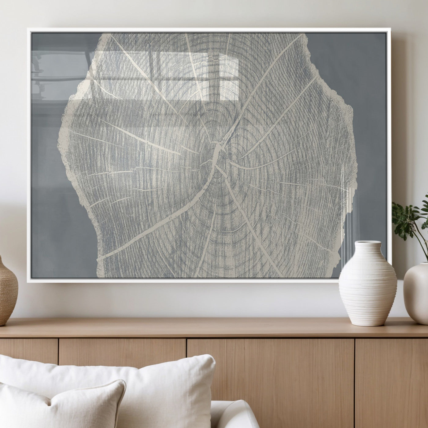 25547-MGV-FP-60X30-3P_White-Tree Ring Wall Art Canvas Print, Framed Linocut Tree Ring Art Picture Print, Wood Texture Perfect Minimalist Farmhouse Decor