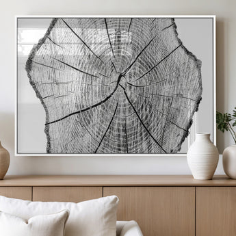 98709-MGV-FP-60X30-3P_White-Tree Ring Wall Art – Black and White Canvas Print Rustic Wood Cross Section, Minimal Nature Inspired Decor for Living Room,