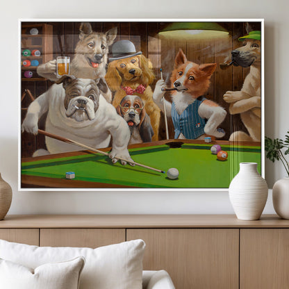 34228-MGV-FP-36X24-3P_White-Dogs Playing Pool Wall Art Canvas Print, Framed Funny Dog Art Picture Print, Dog Perfect Game Room Decor Artwork