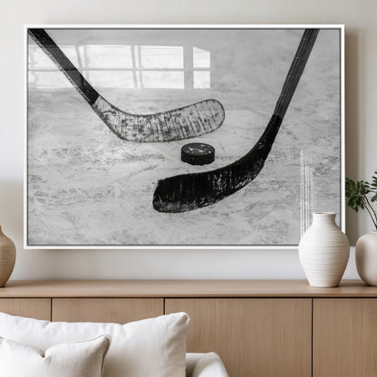 82900-MGV-FP-36X24-3P_White-Hockey Wall Art – Black and White Canvas Print Ice Rink Sticks Puck Sports Photography, Modern Decor for Game Room, Man Cave,