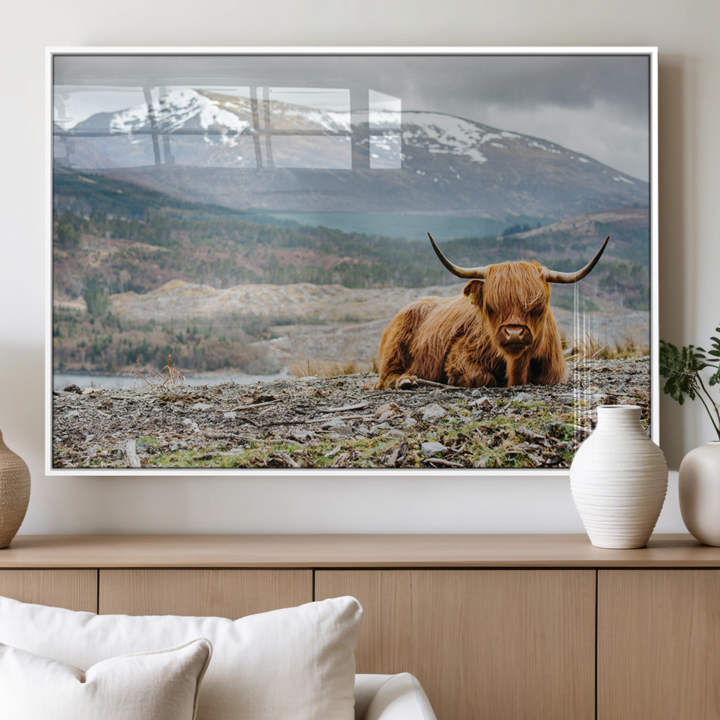 80252-MGV-FP-60X30-3P_White-Scottish Cow Wall Art Canvas Print, Framed Highland Cow Art Picture Print, Highland Cattle Perfect Rustic Farmhouse Decor Artwork