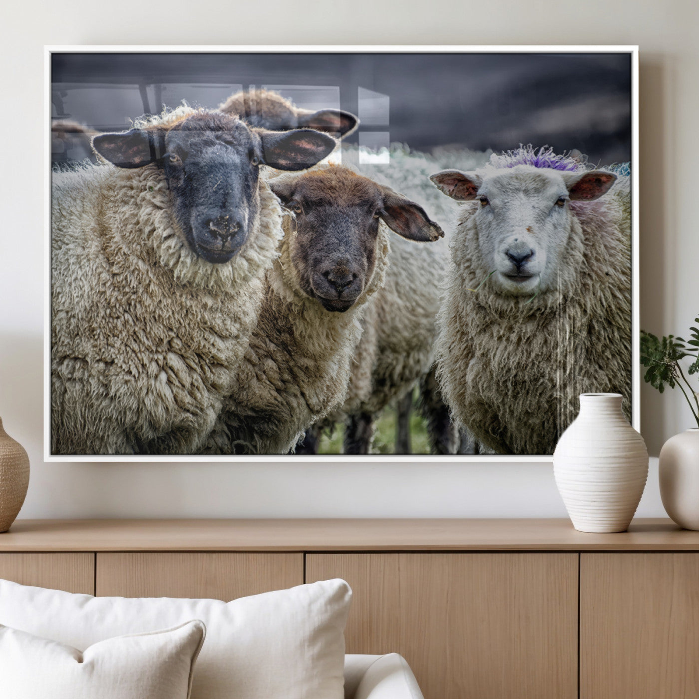 18418-MGV-FP-60X30-3P_White-Sheep Wall Art Canvas Print, Framed Farmhouse Sheep Art Picture Print, Sheep Herd Perfect Rustic Farmhouse Decor Artwork