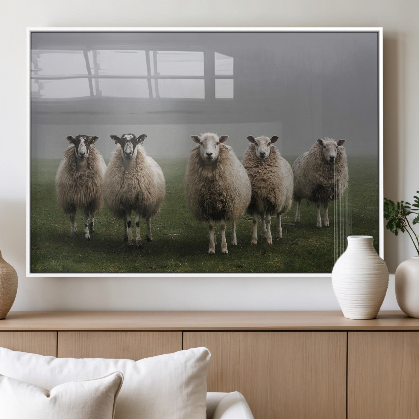 87339-MGV-FP-60X30-3P_White-Sheep Wall Art – Rustic Farmhouse Canvas Print Flock Standing Misty Field Countryside Photography, Country Animal Decor for Living