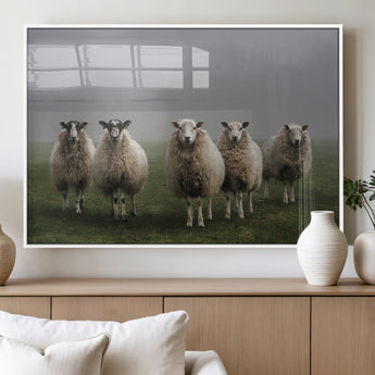 87339-MGV-FP-60X30-3P_White-Sheep Wall Art – Rustic Farmhouse Canvas Print Flock Standing Misty Field Countryside Photography, Country Animal Decor for Living