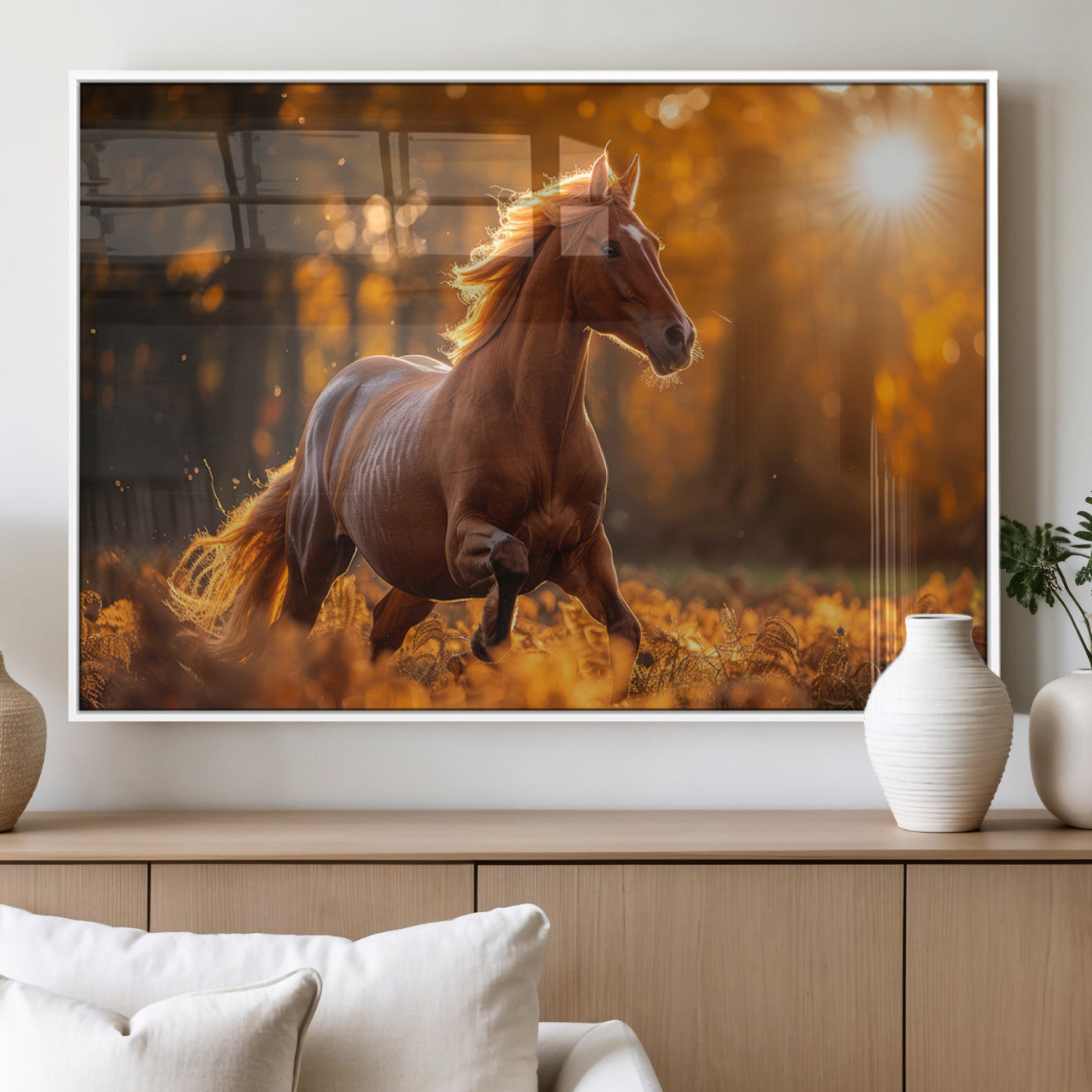 92144-MGV-FP-60X30-3P_White-Sunset Horse Wall Art Canvas Print, Framed Horse Barn Art Picture Print, Majestic Horse Perfect Rustic Farmhouse Decor Artwork