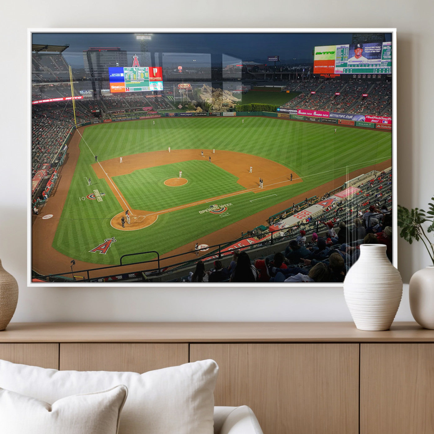 93707-MGV-FP-60X30-3P_White-Los Angeles Stadium Wall Art Canvas Print, Framed Angel Stadium Field Art Picture Print, Anaheim Stadium Perfect Sports Room Decor