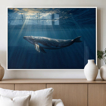 18052-MGV-FP-60X30-3P_White-Whale Wall Art – Majestic Ocean Canvas Print Marine Life Underwater Sunlight Scene, Nautical Coastal Decor for Living Room,