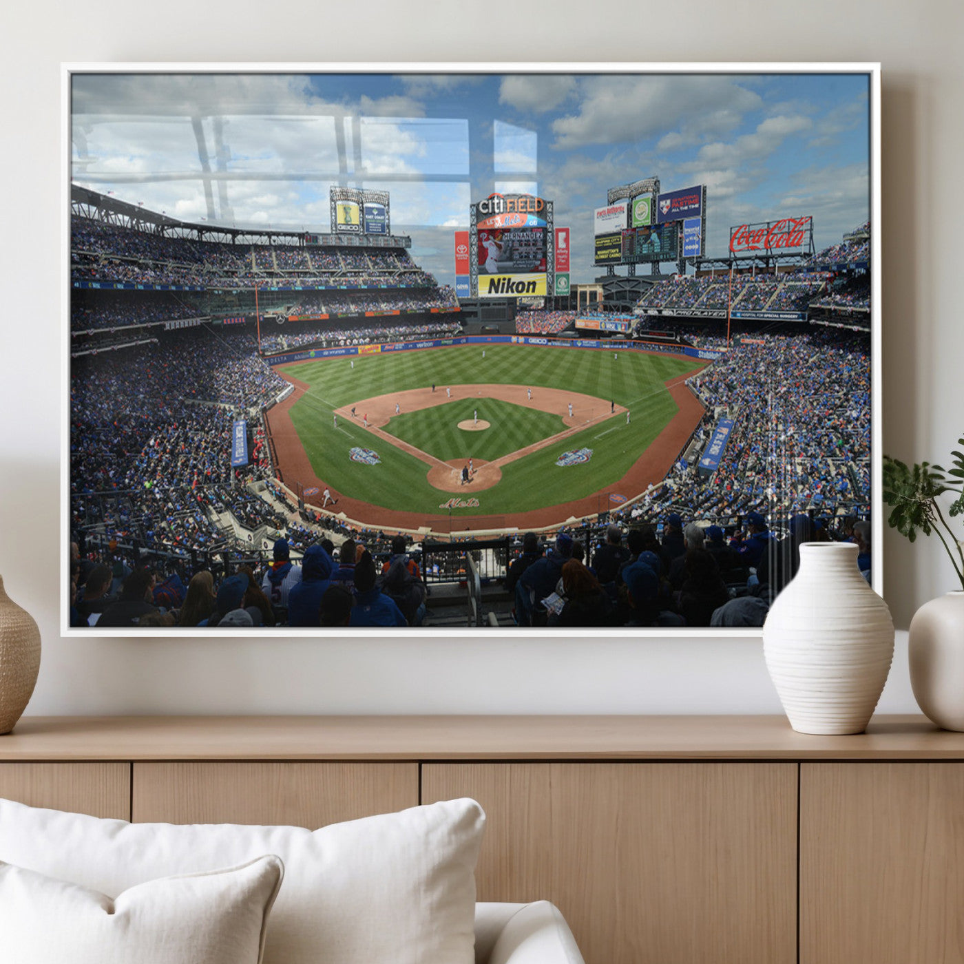 22910-MGV-FP-60X30-3P_White-City Field Stadium Wall Art Canvas Print, Framed New York Stadium Art Picture Print, City Field Perfect Sport Room Decor Artwork