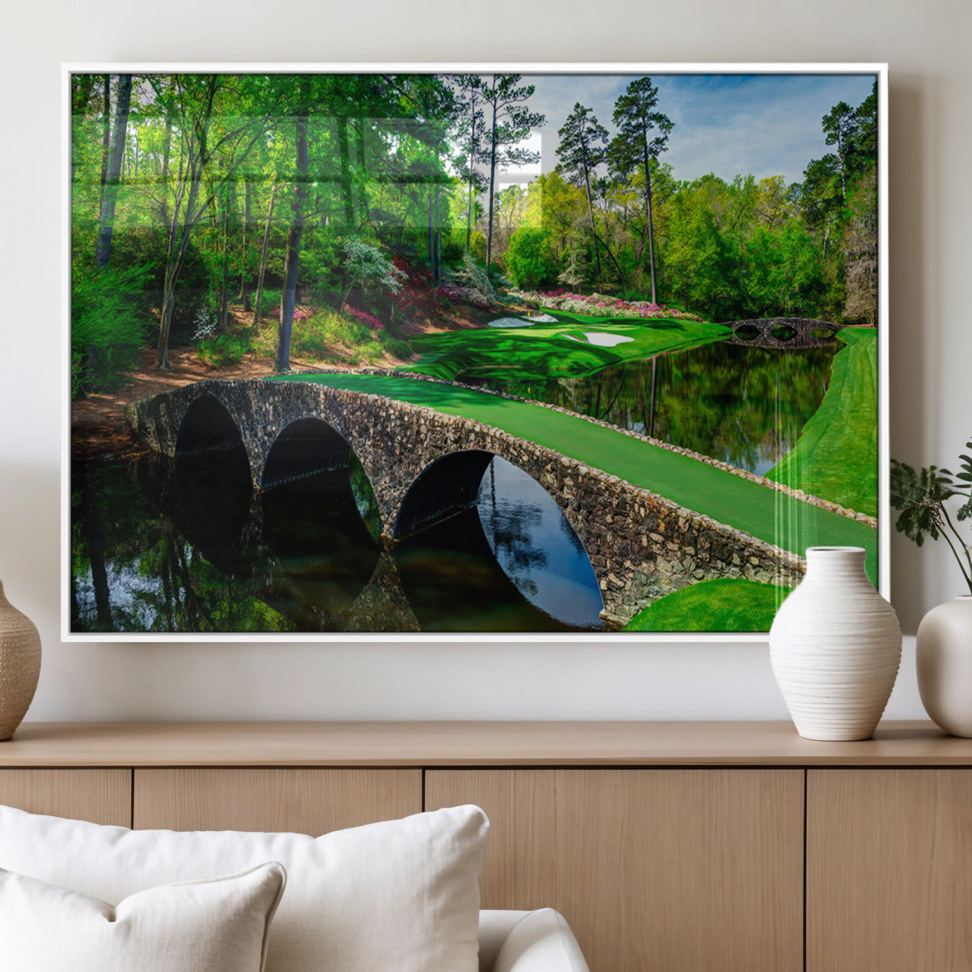 57655-MGV-FP-36X24-3P_White-Golf Course Wall Art – Canvas Print Scenic Green Fairway Stone Bridge Water Reflection Landscape, Classic Sports Decor for Office,