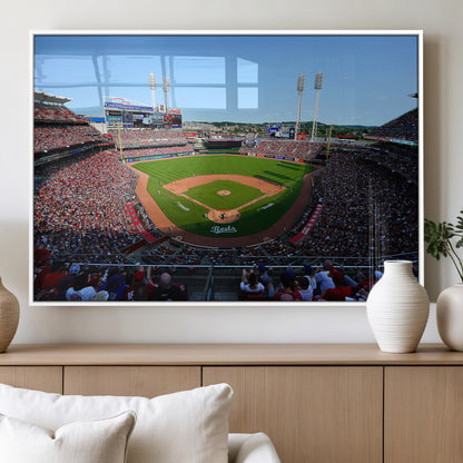 90998-MGV-FP-36X24-3P_White-Baseball Stadium Wall Art – Canvas Print Day Game Field Packed Crowd Bright Blue Sky Sports Photography, Classic Decor for Game