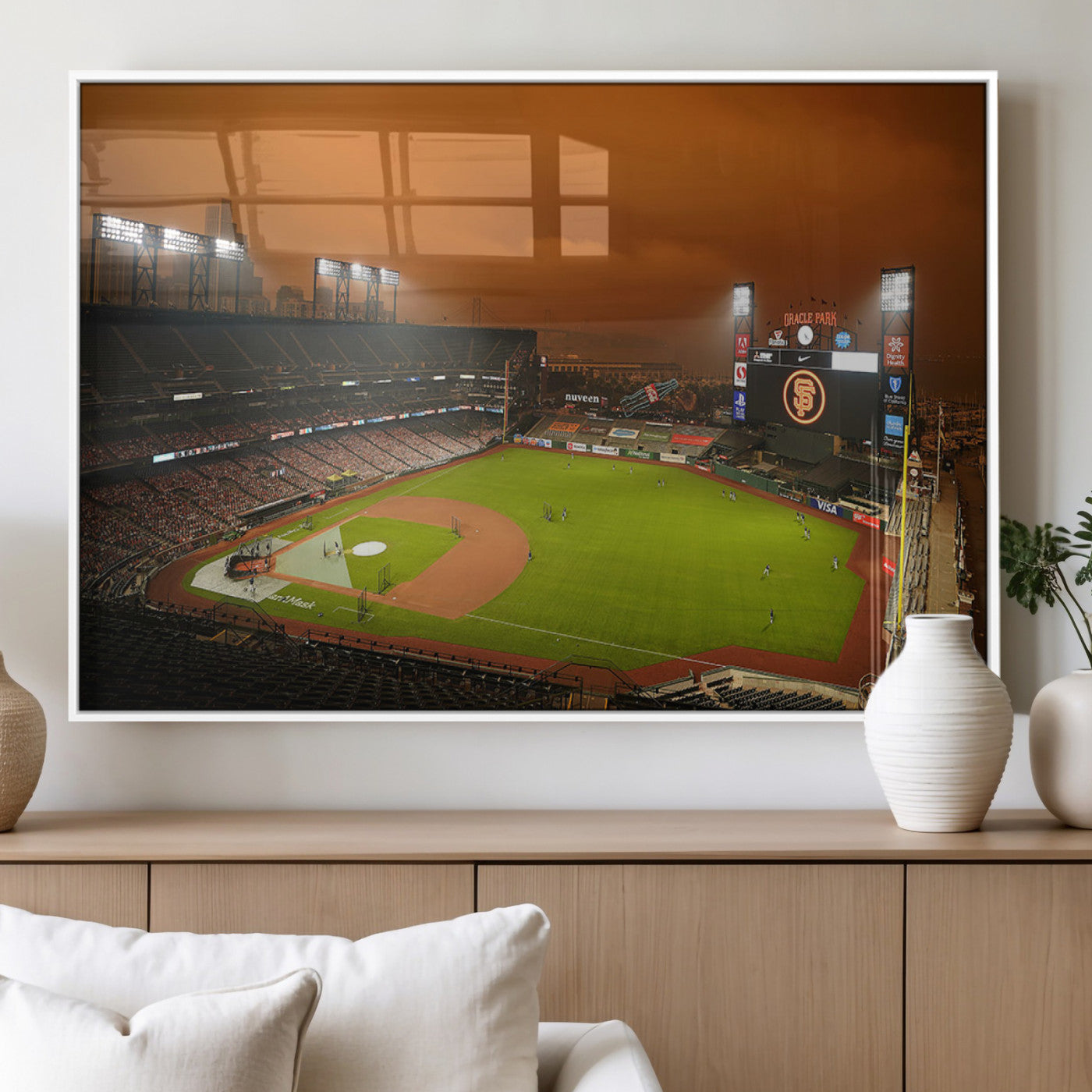 31315-MGV-FP-36X24-3P_White-Oracle Park Stadium Wall Art Canvas Print, Framed California Stadium Art Picture Print, Oracle Park Field Perfect Sport Room Decor