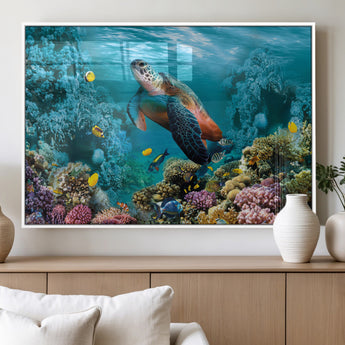 38661-MGV-FP-36X24-3P_White-Sea Turtle Wall Art Canvas Print, Framed Ocean Wildlife Art Picture Print, Turtle Perfect Coastal Nature Decor Artwork