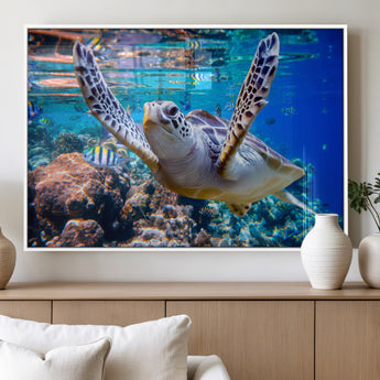12683-MGV-FP-36X24-3P_White-Sea Turtle Wall Art – Graceful Ocean Canvas Print with Coral Reef and Tropical Fish, Coastal Marine Life Decor for Beach House,