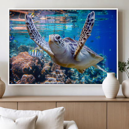 12683-MGV-FP-36X24-3P_White-Sea Turtle Wall Art – Graceful Ocean Canvas Print with Coral Reef and Tropical Fish, Coastal Marine Life Decor for Beach House,