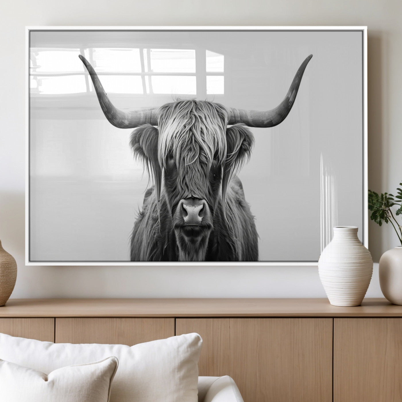 49556-MGV-FP-36X24-3P_White-Highland Cow Wall Art – Black and White Scottish Highland Cattle Print, Rustic Farmhouse Minimalist Animal Portrait Canvas for