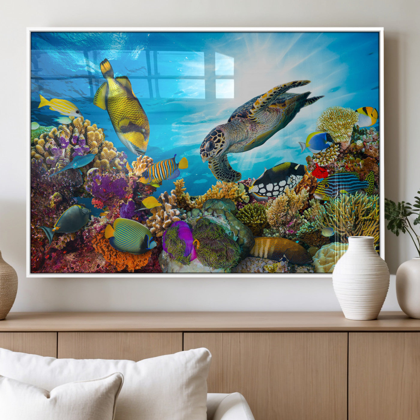 44772-MGV-FP-36X24-3P_White-Underwater Sea Turtle Wall Art – Vibrant Coral Reef and Tropical Fish Canvas Print, Ocean Marine Life Decor for Living Room,