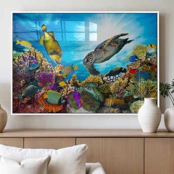 44772-MGV-FP-36X24-3P_White-Underwater Sea Turtle Wall Art – Vibrant Coral Reef and Tropical Fish Canvas Print, Ocean Marine Life Decor for Living Room,