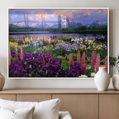 82270-MGV-FP-36X24-3P_White-Colorful Wildflower Meadow Landscape Wall Art – Snow-Capped Mountain Lake Sunset Print, Vibrant Nature Artwork for Living Room,
