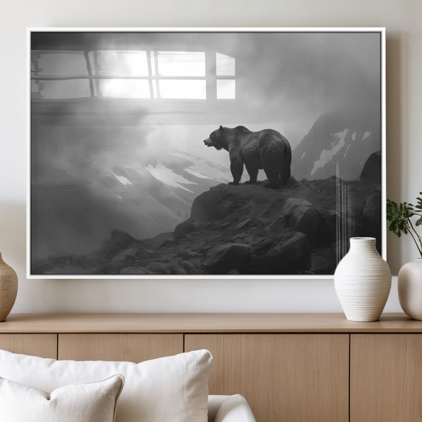 49504-MGV-FP-36X24-3P_White-Black and White Grizzly Bear Wall Art – Wilderness Wildlife Painting, Rustic Mountain Cabin Decor, Monochrome Animal Print for