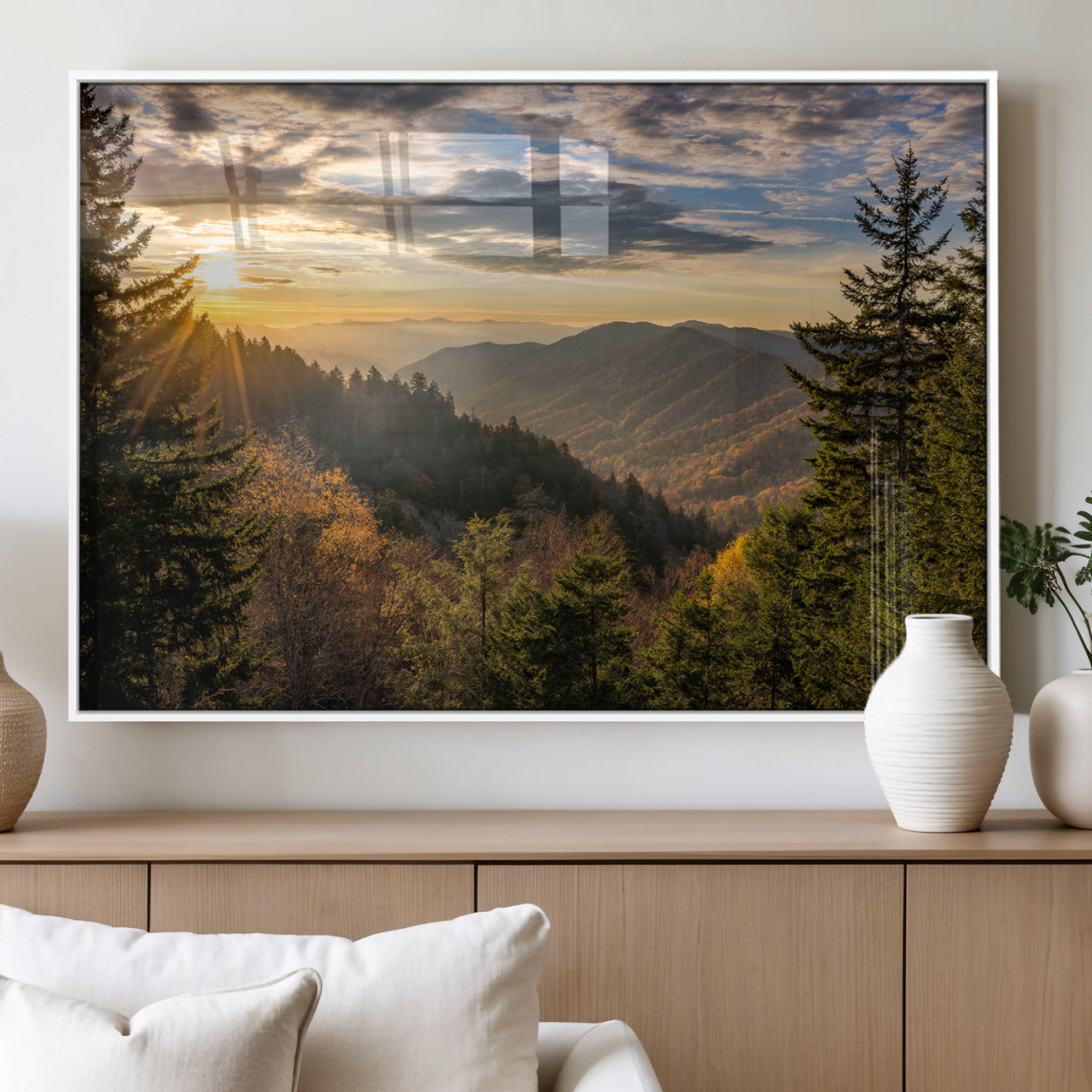 73692479-MGV-FP-36X24-3P_White-Smoky Mountains Wall Art Canvas Print, Framed Forest Mountain Art Picture Print, Spring Mountain Perfect Spring Style Decor