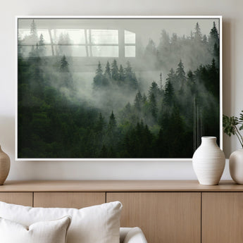 167720496-MGV-FP-36X24-3P_White-Misty Forest Wall Art – Serene Evergreen Trees Canvas Print, Foggy Mountain Nature Landscape Decor for Bedroom, Living Room or