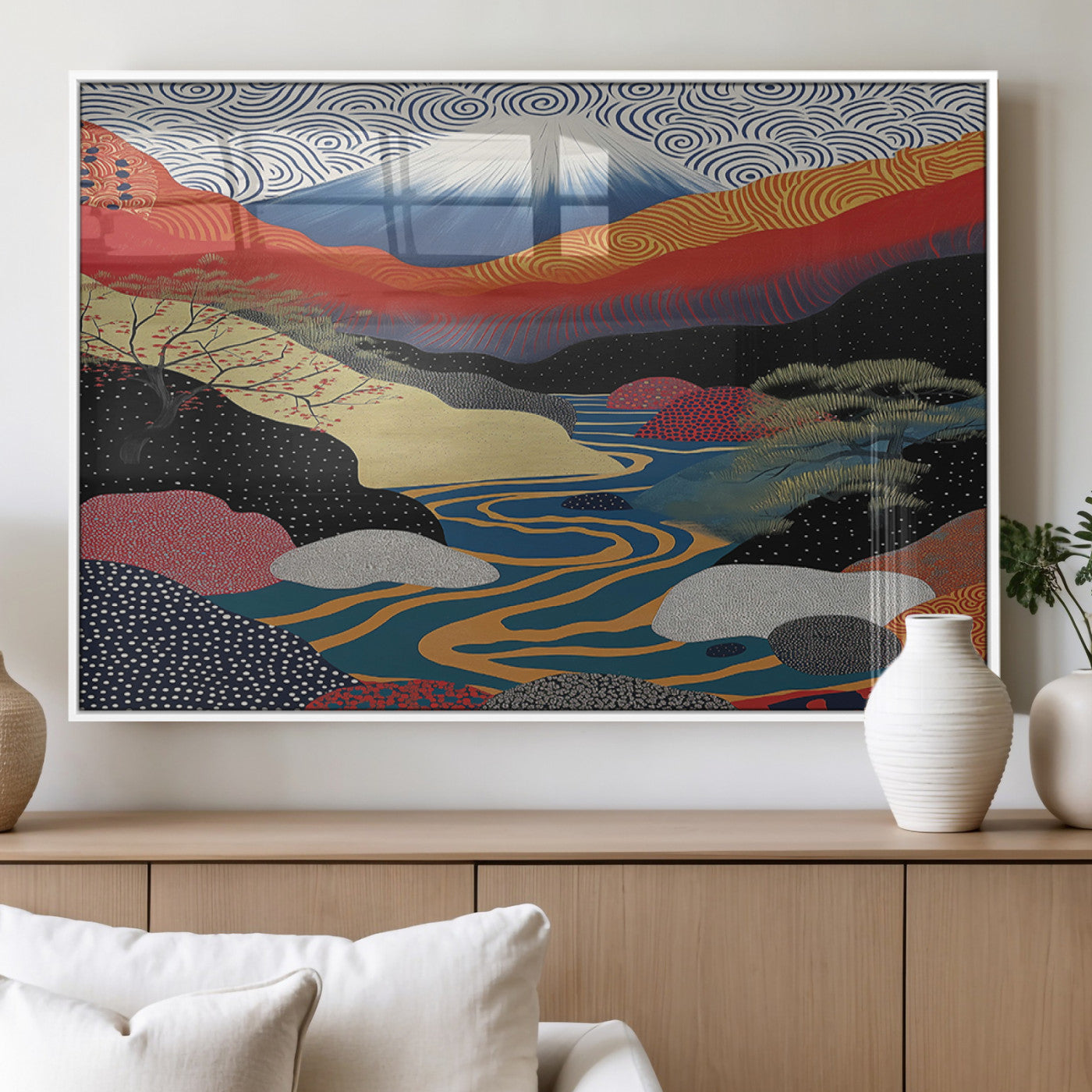 22313-MGV-FP-36X24-3P_White-Yayoi Kusama Wall Art – Abstract Mount Fuji Landscape Canvas Print, Vibrant Japanese Nature Scene with River, Mountains and Sky