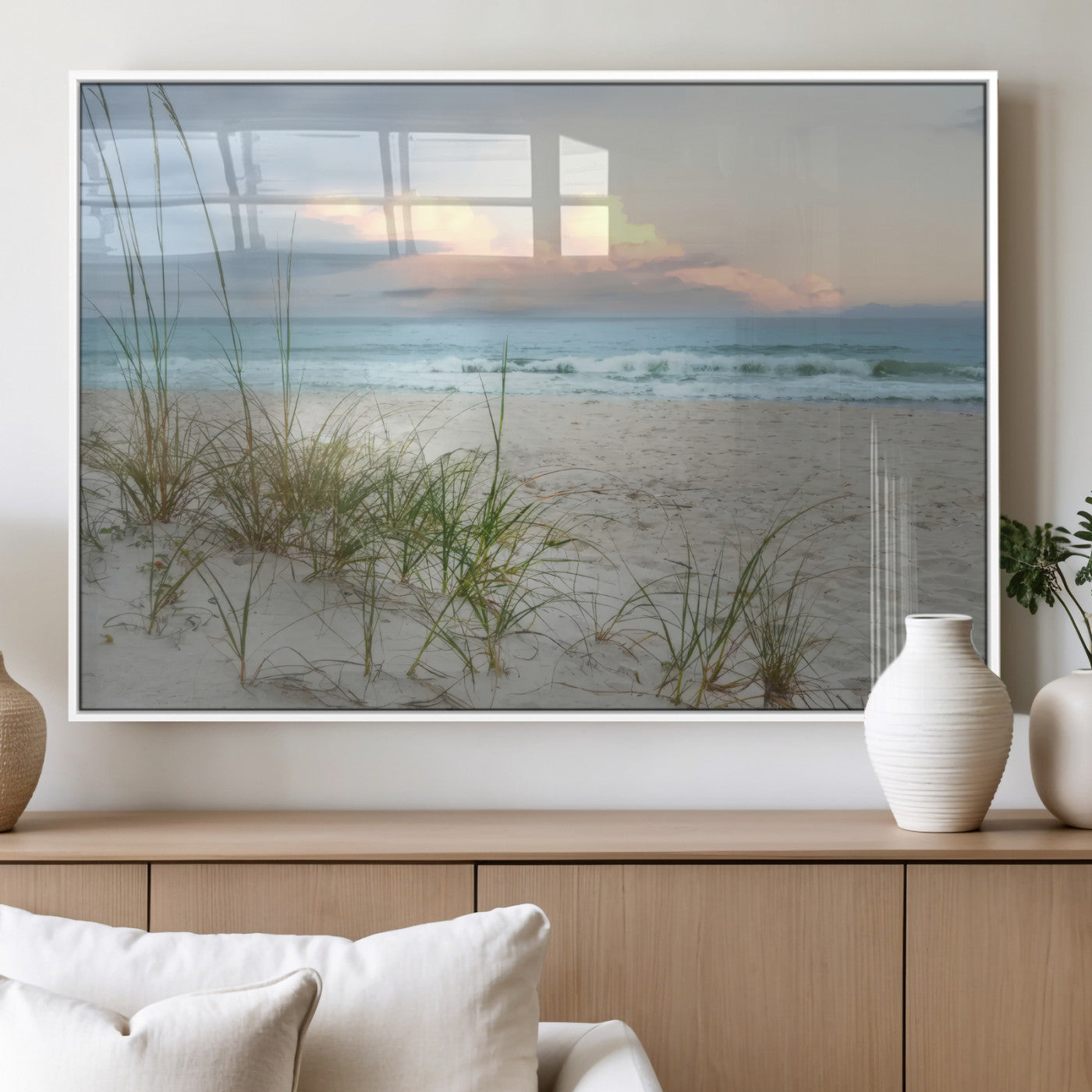 Test1001-MGV-FP-36X24-3P_White-Coastal Beach Wall Art – Panoramic Ocean Waves and Sandy Dunes Canvas Print, Serene Seascape with Sea Oats for Relaxing Home or