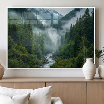 69453-MGV-FP-36X24-3P_White-Mountain Forest Wall Art – Misty River and Evergreen Landscape Canvas Print, Nature Photography Poster for Living Room, Bedroom,