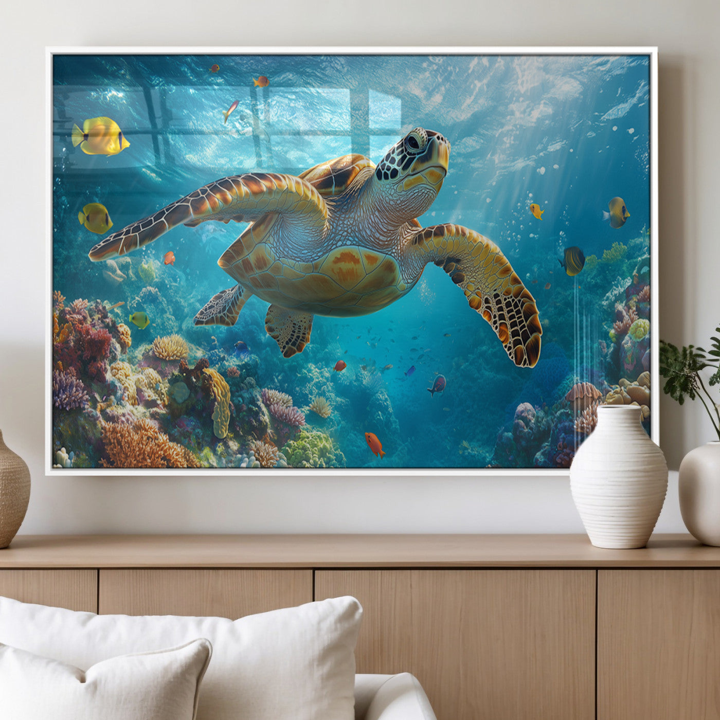 37623-MGV-FP-36X24-3P_White-Sea Turtle Wall Art – Underwater Ocean Canvas Print with Coral Reef and Tropical Fish, Marine Life Painting Poster for Living
