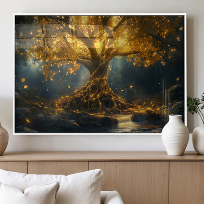 92739-MGV-FP-36X24-3P_White-Glowing Tree Wall Art – Enchanted Golden Forest Canvas Print, Mystical Illuminated Nature Painting Poster for Living Room,