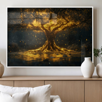 59580-MGV-FP-36X24-3P_White-Glowing Tree Wall Art – Golden Fantasy Nature Canvas Print, Mystical Illuminated Tree Painting Poster for Living Room, Bedroom,
