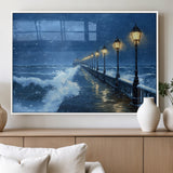32668-MGV-FP-36X24-3P_White-Stormy Pier Wall Art – Ocean Waves and Street Lamps Canvas Print, Rainy Night Seascape Oil Painting Poster for Living Room,