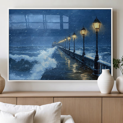 32668-MGV-FP-36X24-3P_White-Stormy Pier Wall Art – Ocean Waves and Street Lamps Canvas Print, Rainy Night Seascape Oil Painting Poster for Living Room,