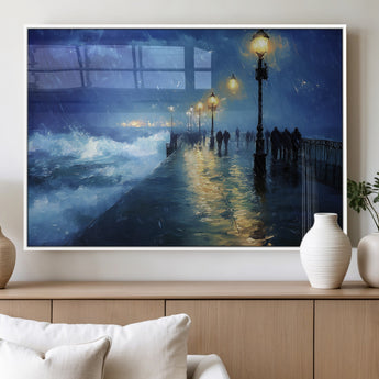 76572-MGV-FP-36X24-3P_White-Stormy Night Pier Wall Art – Ocean Waves and Street Lamps Canvas Print, Rainy Seascape Oil Painting Poster for Living Room,