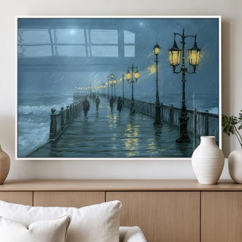 79606-MGV-FP-36X24-3P_White-Rainy Pier Night Wall Art – Ocean Waves and Street Lamps Canvas Print, Moody Seascape Oil Painting Poster for Living Room,