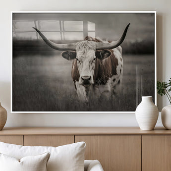 69238-MGV-FP-36X24-3P_White-Longhorn Bull Wall Art – Rustic Black and White Texas Cattle Canvas Print, Western Farmhouse Animal Photography for Living Room,