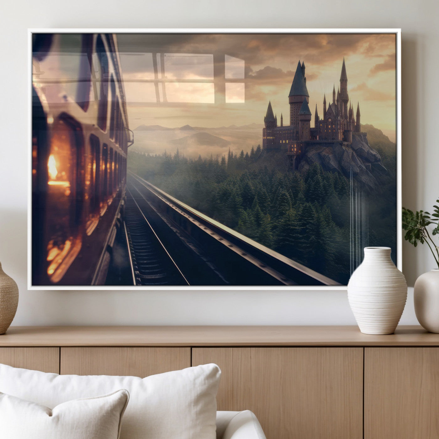 84029-MGV-FP-60X30-3P_White-Fantasy Castle Wall Art – Magical Train Sunset Forest Canvas Print, Enchanted Landscape Painting Poster for Living Room, Bedroom,