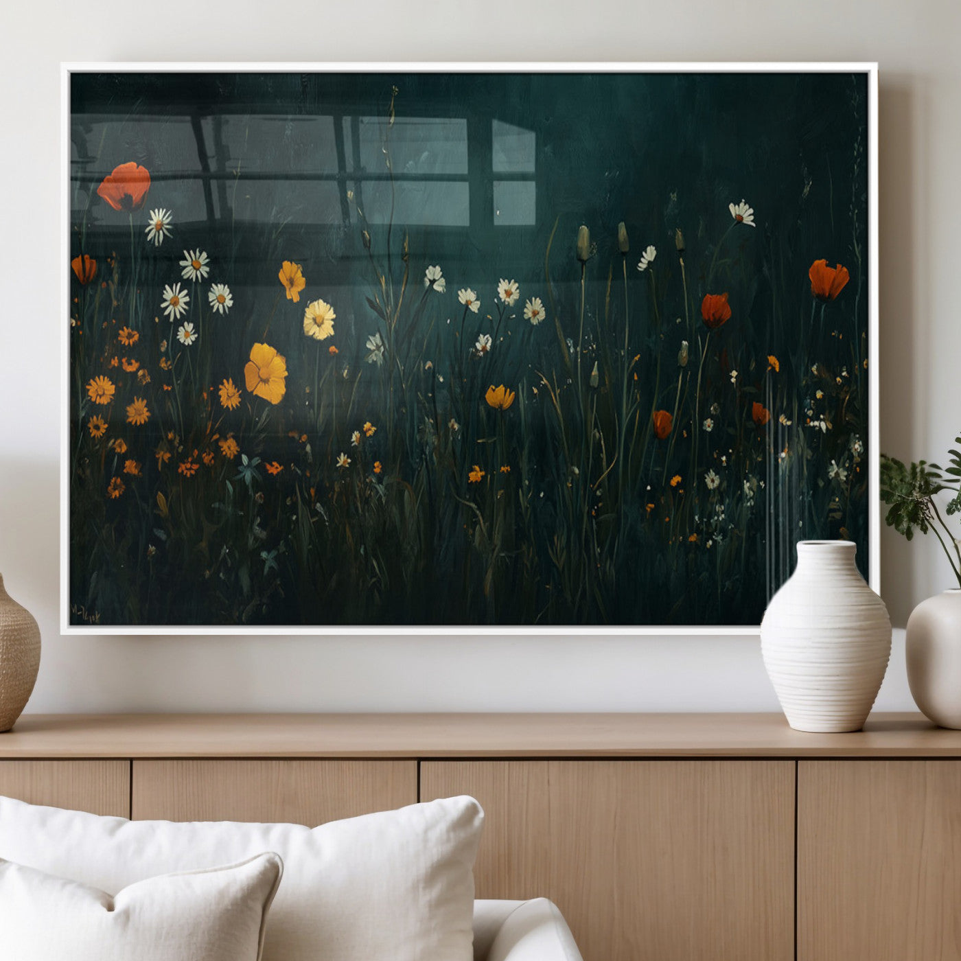 87037-MGV-FP-60X30-3P_White-Wildflower Wall Art – Dark Botanical Floral Canvas Print, Modern Nature Painting Poster with Daisies Poppies Orange Flowers for