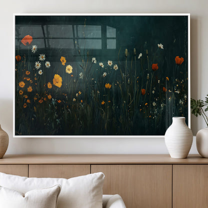 87037-MGV-FP-60X30-3P_White-Wildflower Wall Art – Dark Botanical Floral Canvas Print, Modern Nature Painting Poster with Daisies Poppies Orange Flowers for